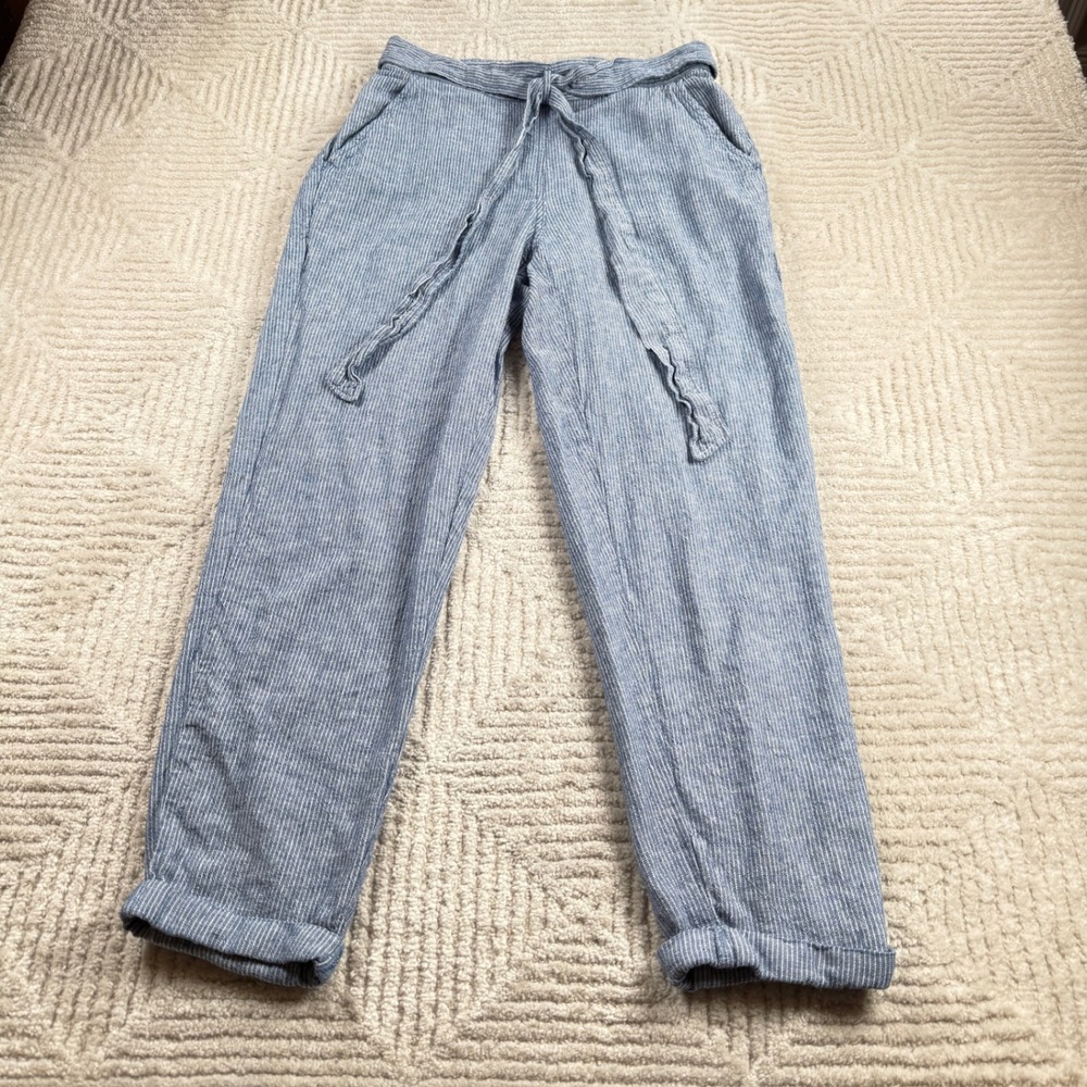 Max Studio Linen Blend Pants Women's Medium Blue Pinstripe Coastal Beachy Summer